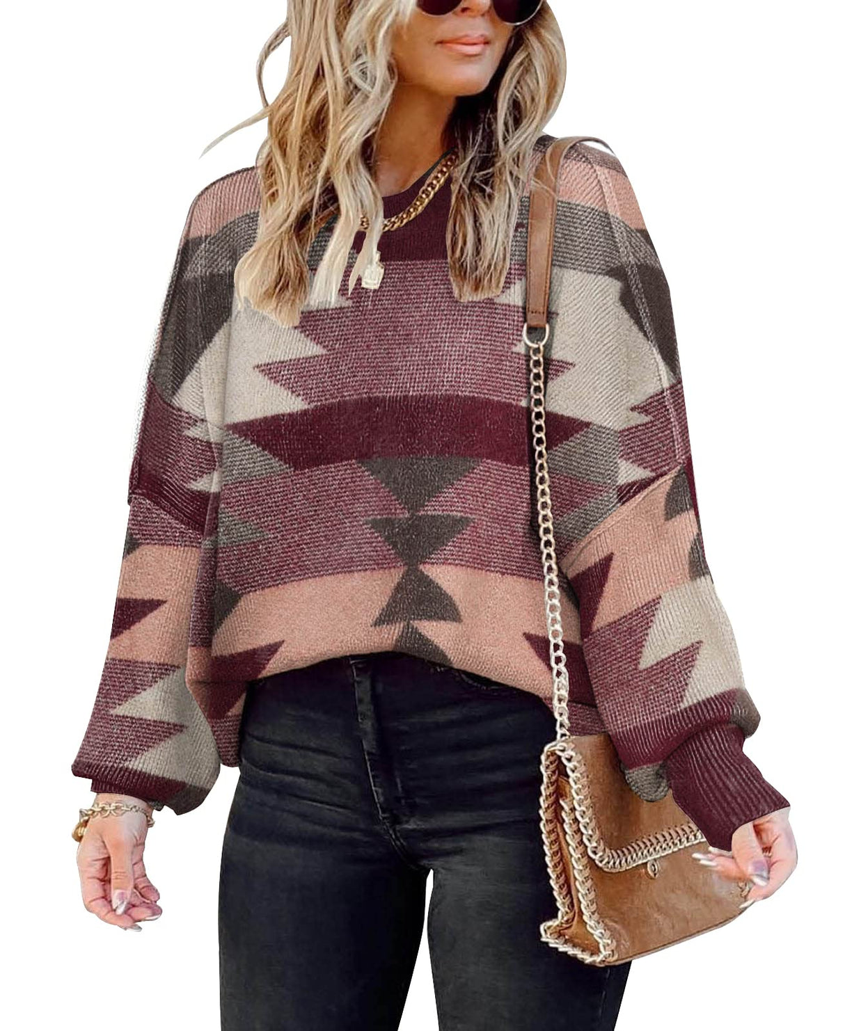 Womens Sweaters Causal Crewneck Batwing Sleeve Classic Aztec Knit Top Oversized Christmas Pullover Sweater Loose Jumper