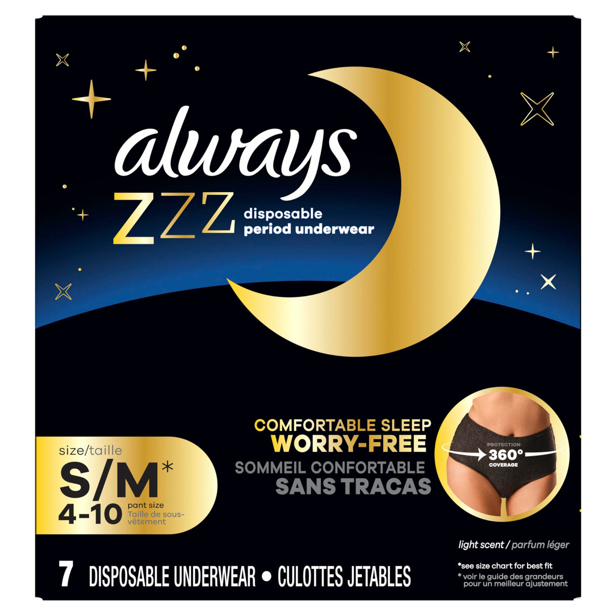 Always ZZZs Overnight Disposable Period Underwear for Women, Size S/M, Black Period Panties, Leakproof, 7 Count, Pack of 2 (14 Count Total)