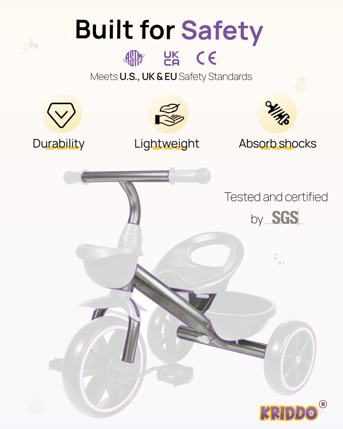 KRIDDO Toddler Tricycle for Toddlers Age 2-5, Tool-Free Trike