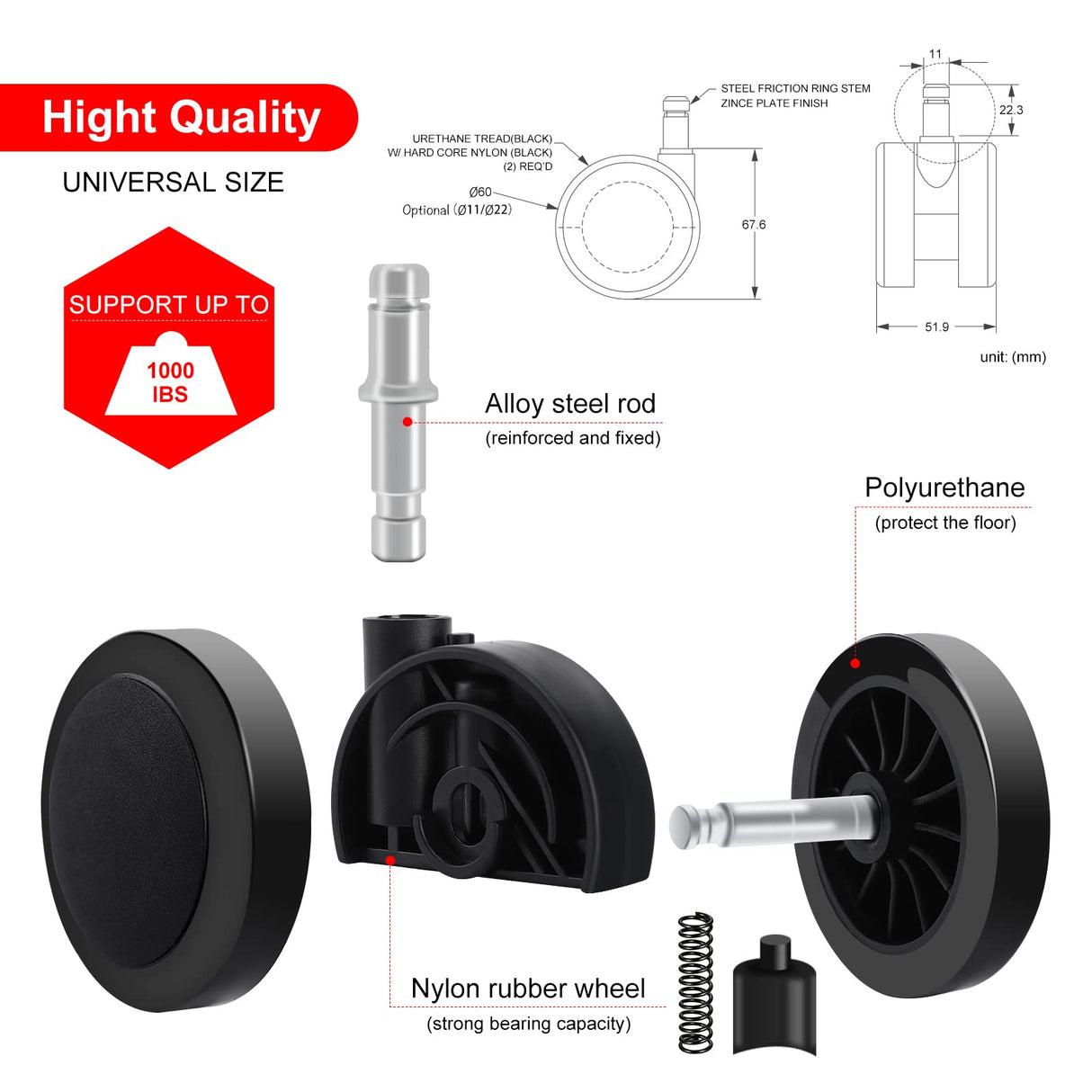 Herman Miller 60mm (2.36") Aeron Chair Caster Wheels Replacement (Set of 5, Black), Heavy Duty, Universal Size, Fit Most Brand Office Chair