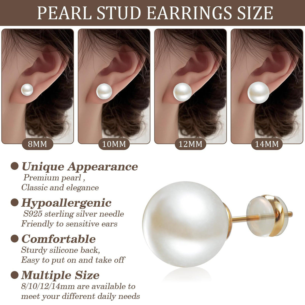 Sanglarst 4 Pairs Pearl Stud Earrings Sterling Silver Earring Flat Round