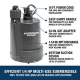 Superior Pump 91250 1800GPH Thermoplastic Submersible Utility Pump with 10-Foot Cord, 1/4 HP