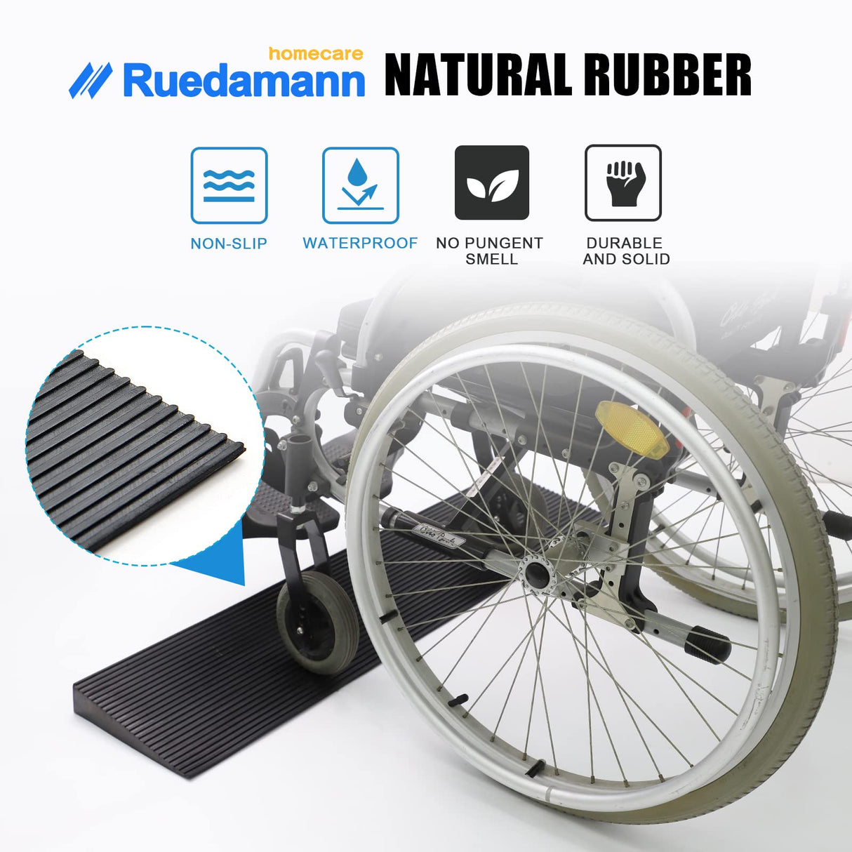 Ruedamann 1" Rise Threshold Ramp,1500 LBS Capacity, 35.4" Wide Natural Rubber Power Wheelchair Ramp, Cuttable for Doorways, Non-Slip Rubber Threshold Ramp for Doorways,Driveways, Bathroom