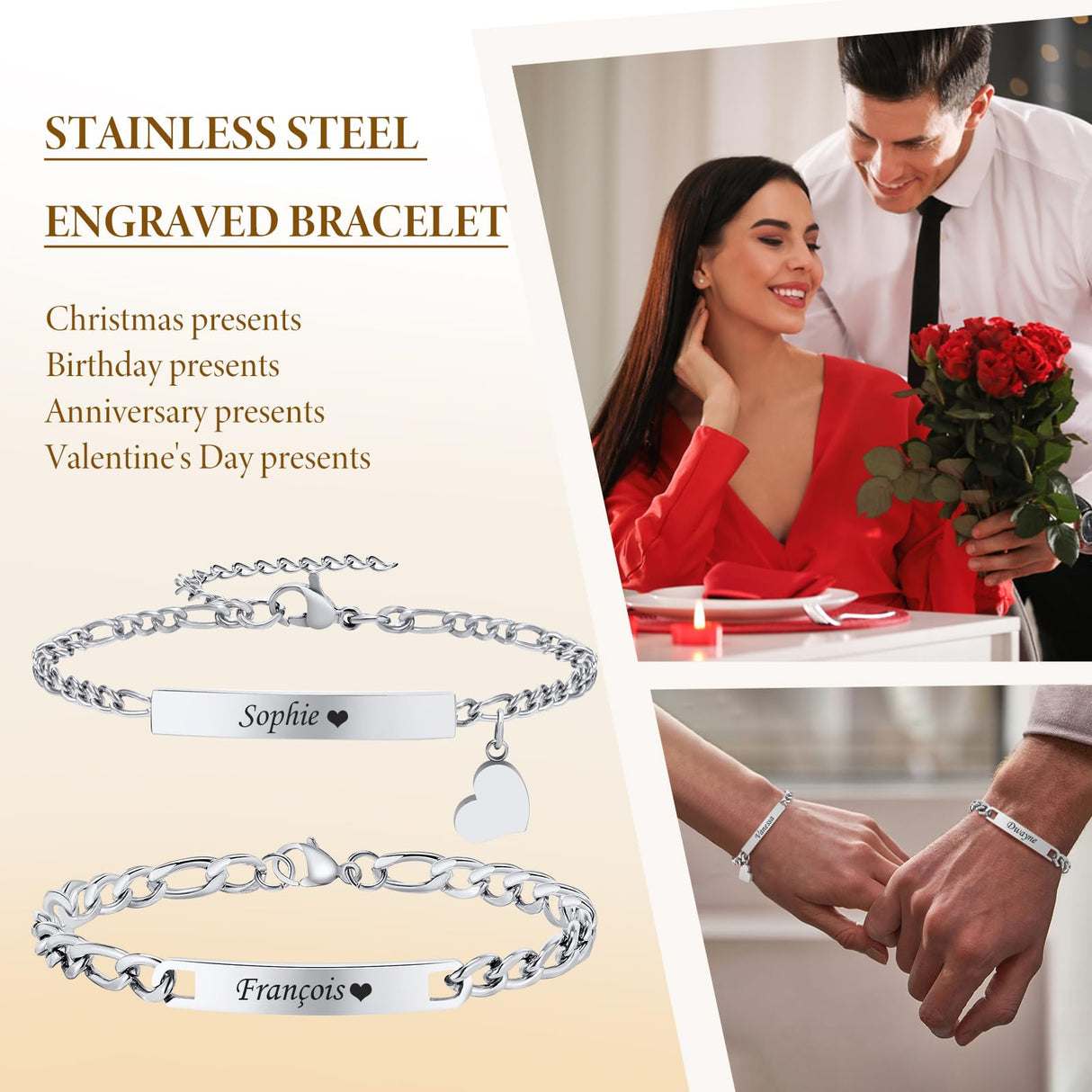 Personalized Matching Bracelet for Couple - Free Engraving Custom Couples Bracelets,Hypoallergenic Adjustable Stainless Steel Long Distance Relationship Jewelry,Promise Bracelet Gifts for Him and Her