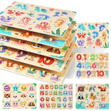 GRINNNIE Wooden Puzzles for Toddlers 3 4 5 Years Old, Montessori Toddler Toys 5PCS Peg Puzzles with Knob - Number, Alphabet, Shape, and Animal, Great Christmas Birthday Gifts for Boys Girls
