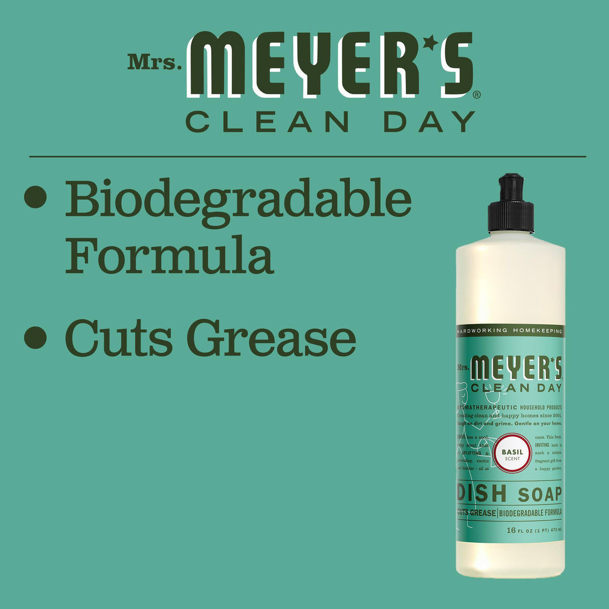 MRS. MEYER'S CLEAN DAY Liquid Dish Soap, Biodegradable Formula, Basil, 16 fl. oz - Pack of 6