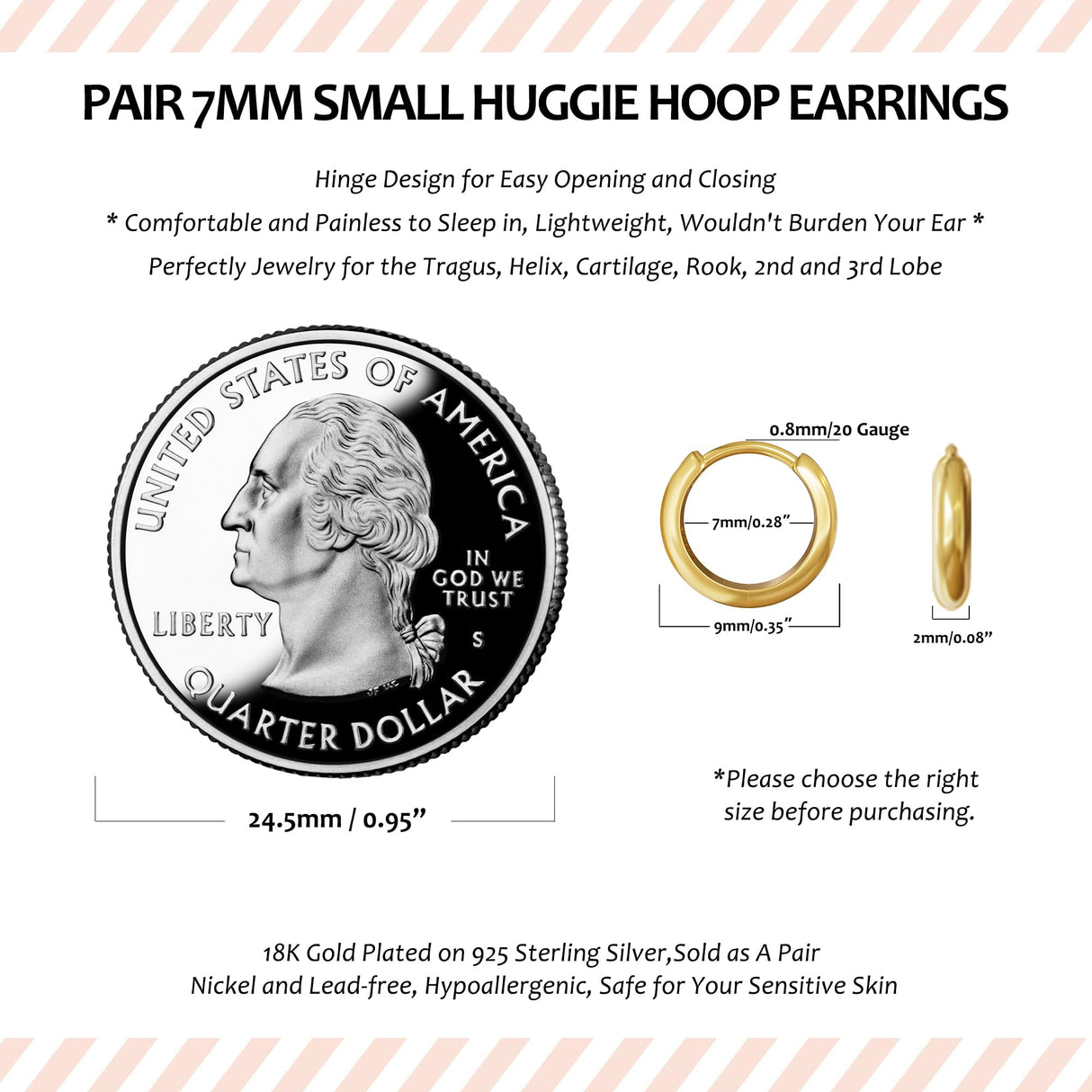925 Sterling Silver Small Gold Hoop Earrings for Women Men,18K Gold Plated Hinge Huggie Hoop Earrings fit Cartilage, Helix, Tragus, Sung, Earlobe Lightweight Hypoallergenic Earrings (1 Pair - 7mm)