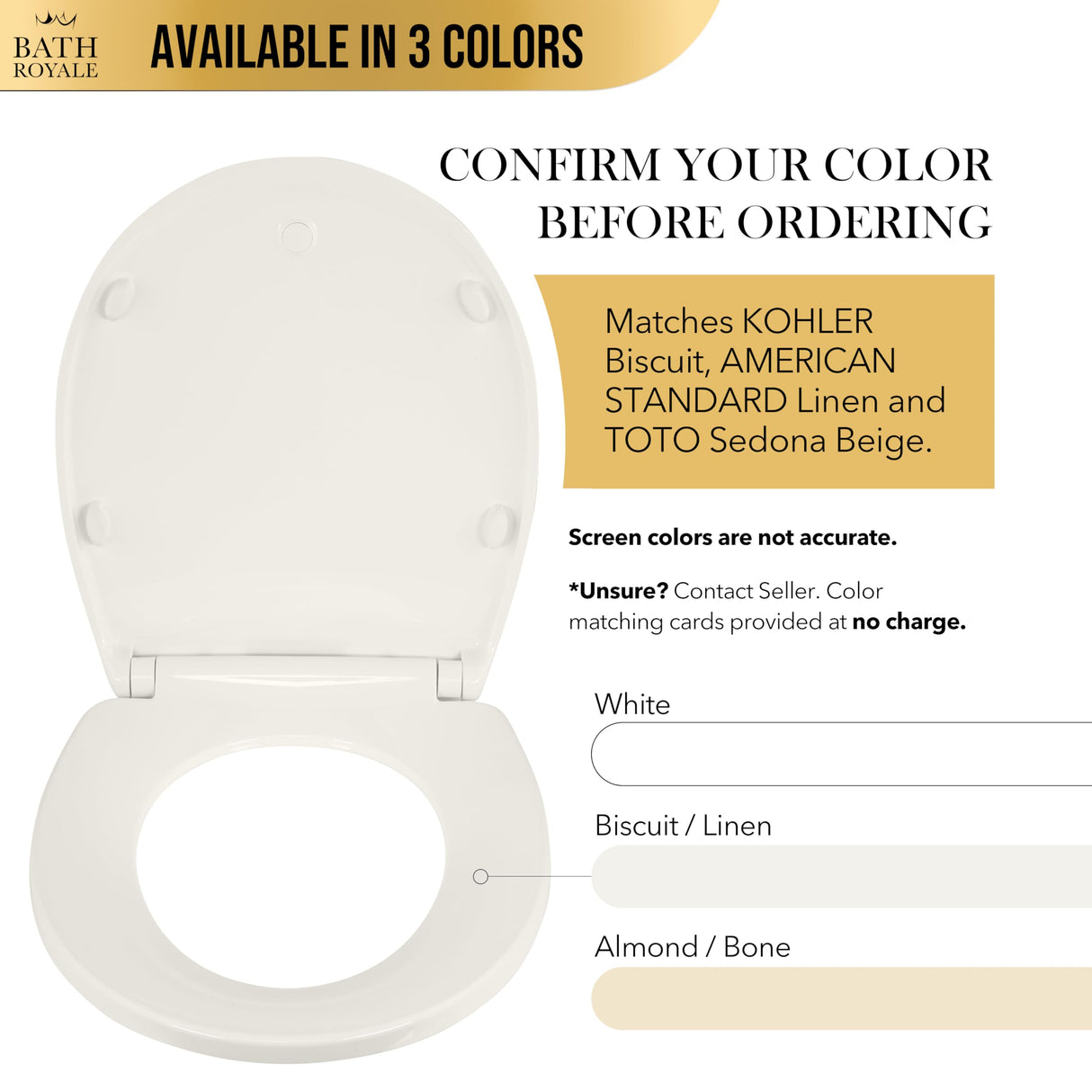Bath Royale Round Toilet Seat Replacement with Cover BR500-01 Slow Close, Heavy Duty Sturdy, Stain-Resistant, No Jiggle and Easy to Clean, Fits All Toilet Brands, Executive Series - Biscuit/Linen,