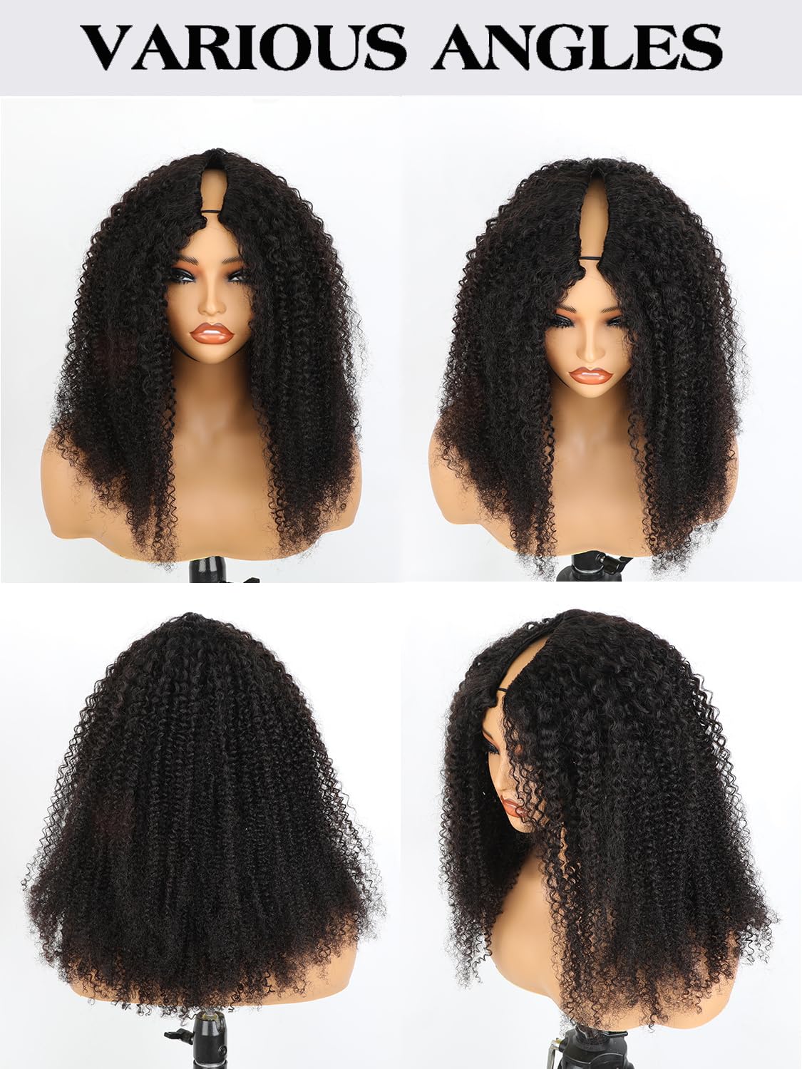 ISEE V Part Wig Human Hair Afro Curly Minimal/No Leave Out Upgrade U Part Wig for Black Women Human Hair V Shape Wig Kinky Curly Thin Part Glueless Clip In Half Wig 180% Density Natural Color 24 Inch