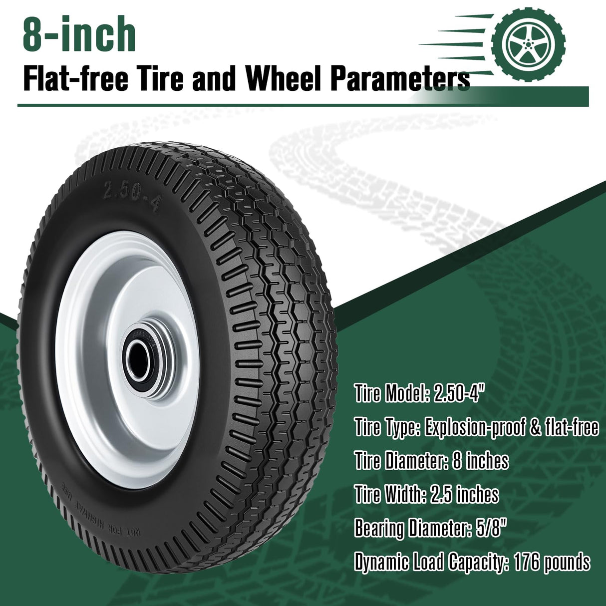 8-Inch Flat-free Tire and Wheel, 2.50-4 Solid Tire Replacement with 5/8 Bearings, 2.2" Offset Hub Compatible with Hand Truck, Garden Wagon, Trolley Dolly (2 Pack)