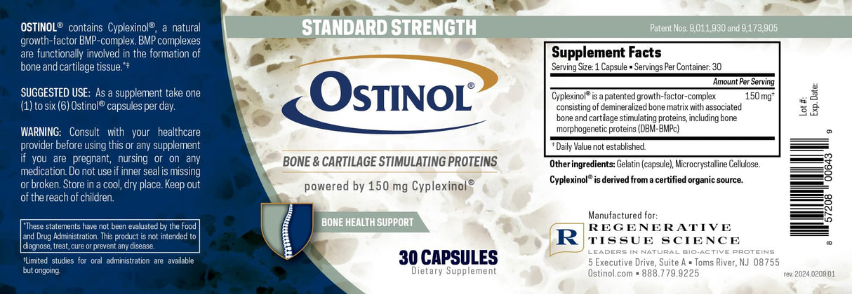 Ostinol Standard 150mg. Bone & Joint Supplement. Stem Cell Activation Certified. Bio Active Protein Complex for Mild Bone Loss & Mild Joint Disfunction. 30 Capsules