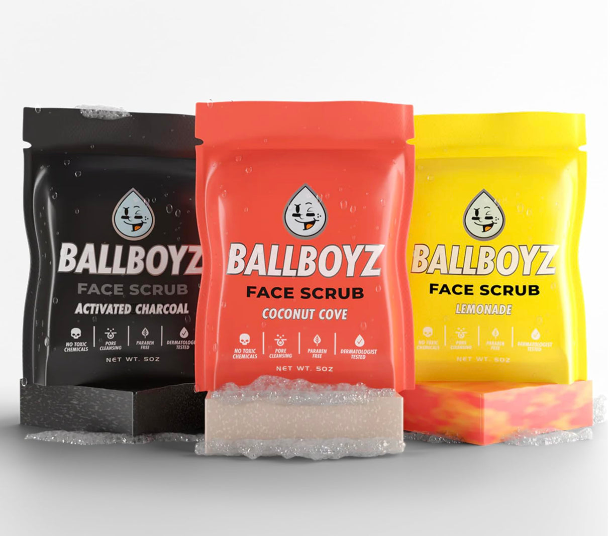 Ballboyz Soap: Face Scrub 3-Pack - Variety Pack (Activated Charcoal, Coconut Cove, Lemonade) Natural and Powerful Cleansing for Athletes