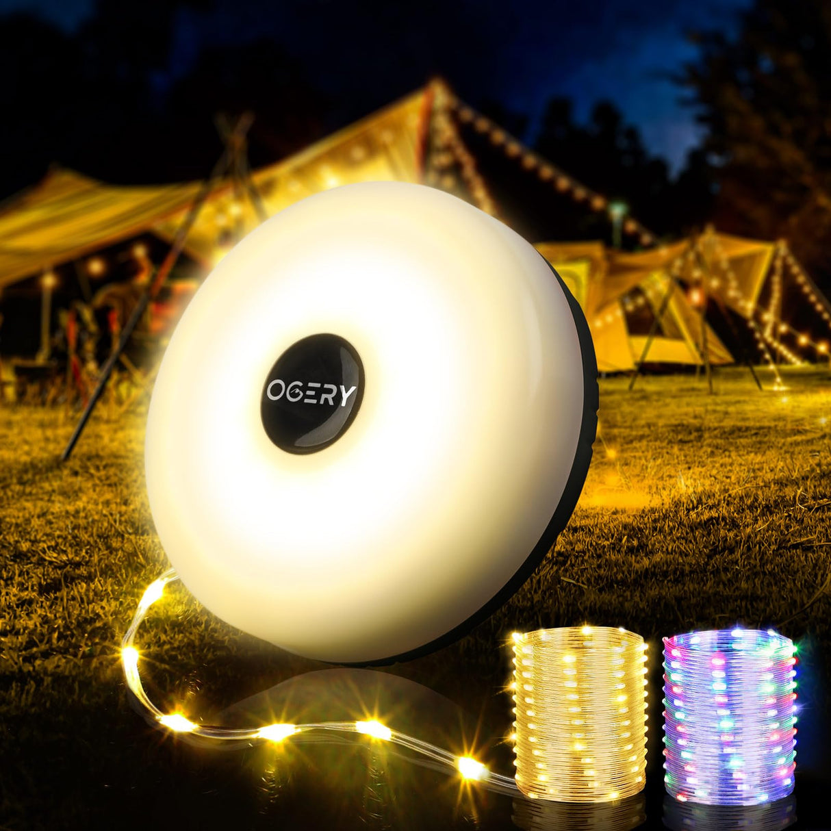 OGERY Camping String Lights, 4 in 1 Quick Storage 32.8FT Rechargeable Outdoor String Lights with 8 Lighting Modes, Hanging Portable LED Lamp for Christmas Decor Patio Awning Garden Party Essentials
