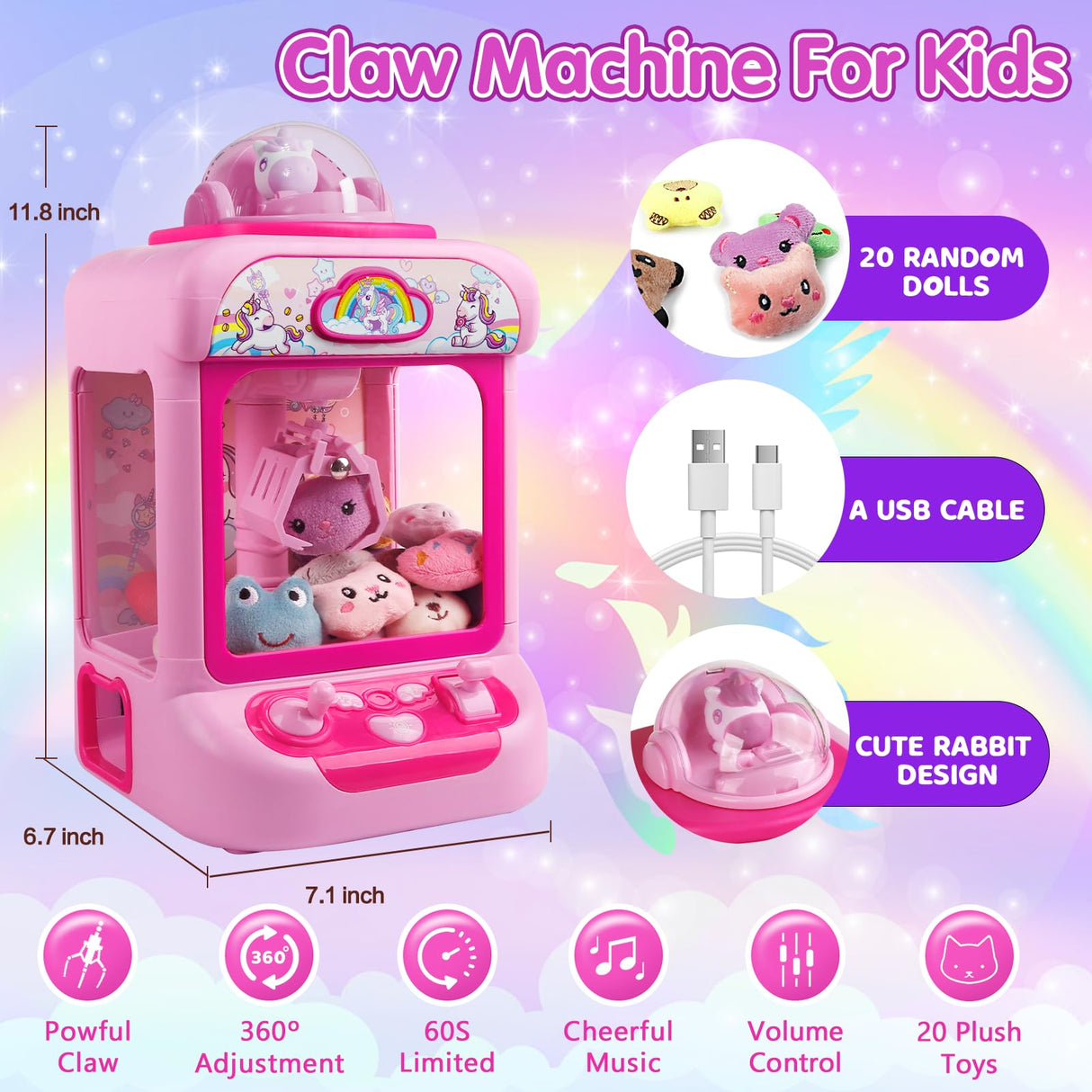 TingingYuli Claw Machine for Kids,Unicorn Mini Vending Machines Candy Grabber Prize Dispenser Toys for Girls,Electronic Arcade Game with 20 Mini Plush Toys for Christmas Easter Birthday Gifts