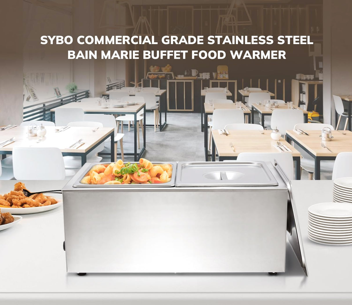 SYBO Commercial Grade Stainless Steel Bain Marie Buffet Food Warmer Steam Table for Catering and Restaurants (2 Sections with Tap)