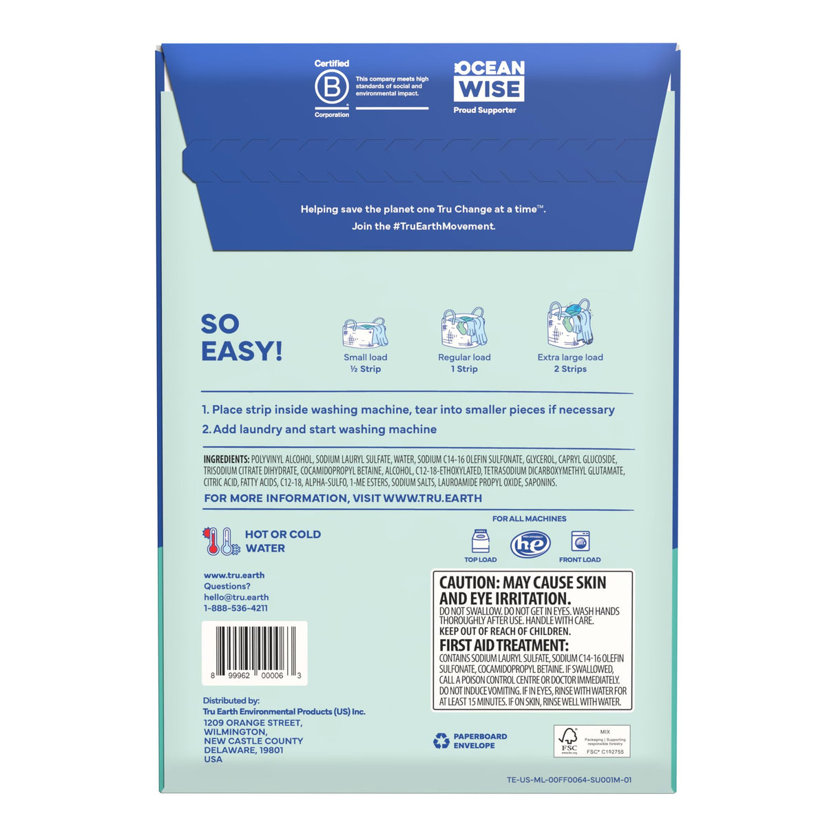 Tru Earth Compact Dry Laundry Detergent - Up to 128 Loads (64 Sheets) - Paraben-Free - Original Eco-Strip Liquidless Detergent, Travel | Packaging May Vary