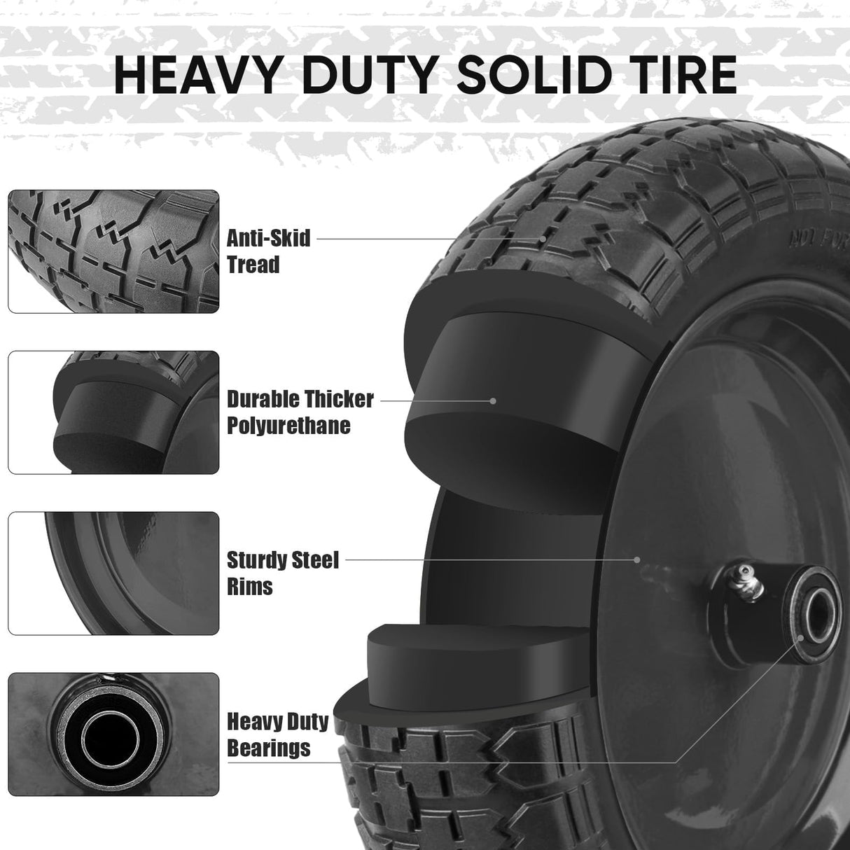 TICONN 4.80/4.00-8 Tire, 14.5" Flat Free Wheelbarrow Tire and Wheel, Solid Replacement Tires with 3" Centered Hub, 5/8" 3/4" Bearings, Universal Fit 4.80/4.00-8, 3.50/3.00-8, 4.00-6 (Black)