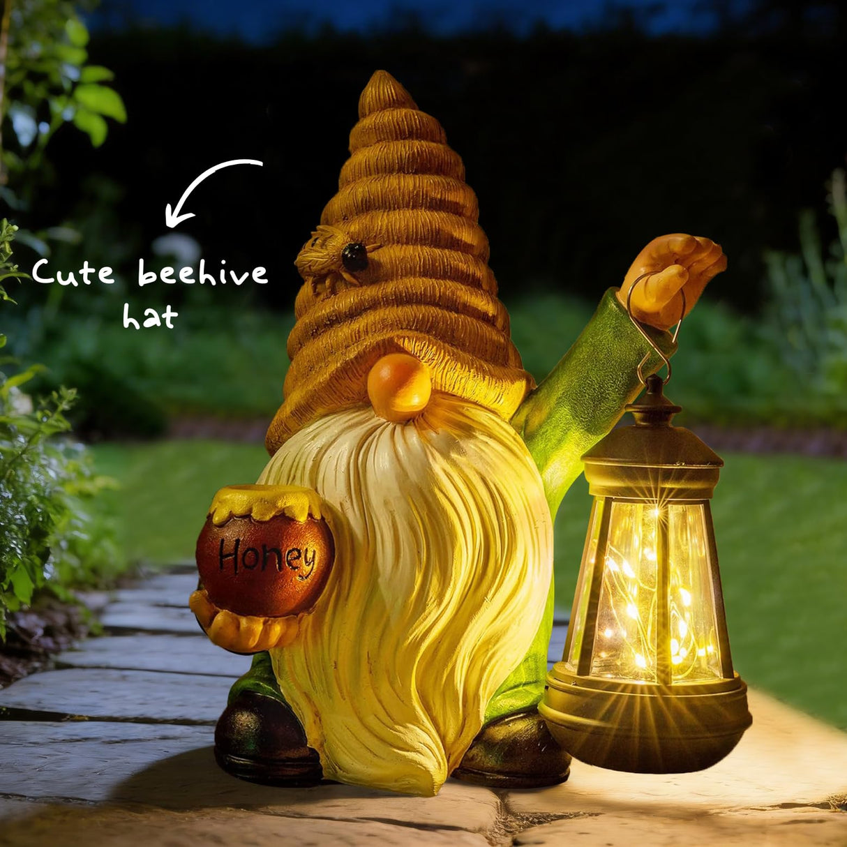 WONDHOME 12.3'' Solar Garden Gnomes Outdoor Decor Honey Bee jar Gnome Statues with LED Lantern Spring Patio Lawn Yard Art Decoration Easter Birthday Christmas Gardening Gifts for Mom Dad, Bee Gnome