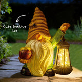 WONDHOME 12.3'' Solar Garden Gnomes Outdoor Decor Honey Bee jar Gnome Statues with LED Lantern Spring Patio Lawn Yard Art Decoration Easter Birthday Christmas Gardening Gifts for Mom Dad, Bee Gnome