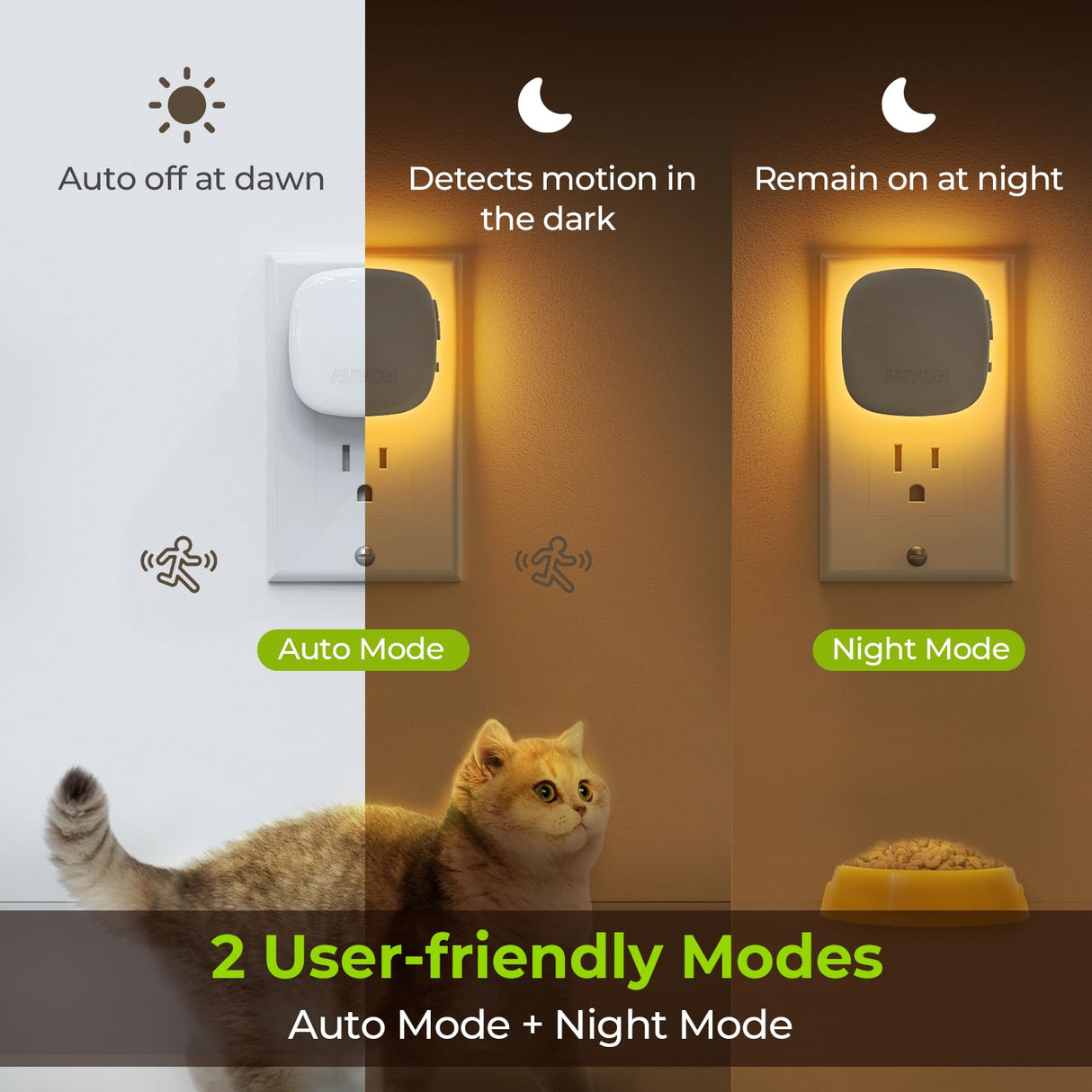 AUVON Plug-in LED Backlit Night Light with Motion Sensor & Dusk to Dawn Sensor, Dimmable Amber Nightlight with 1-50 lm Adjustable Brightness for Bathroom, Bedroom, Hallway, Stairs (2 Pack)
