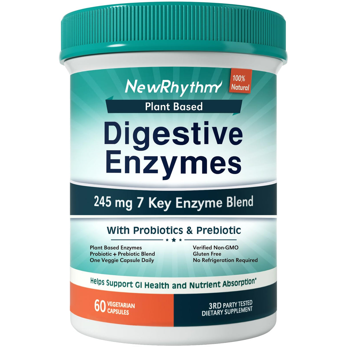 NewRhythm Digestive Enzymes 245 mg, with Probiotics and Prebiotics, Plant Based, 7 Key Enzymes, Digestion, Nutrient Absorption, Protease Amylase & Lipase, 60 Vegan Capsules