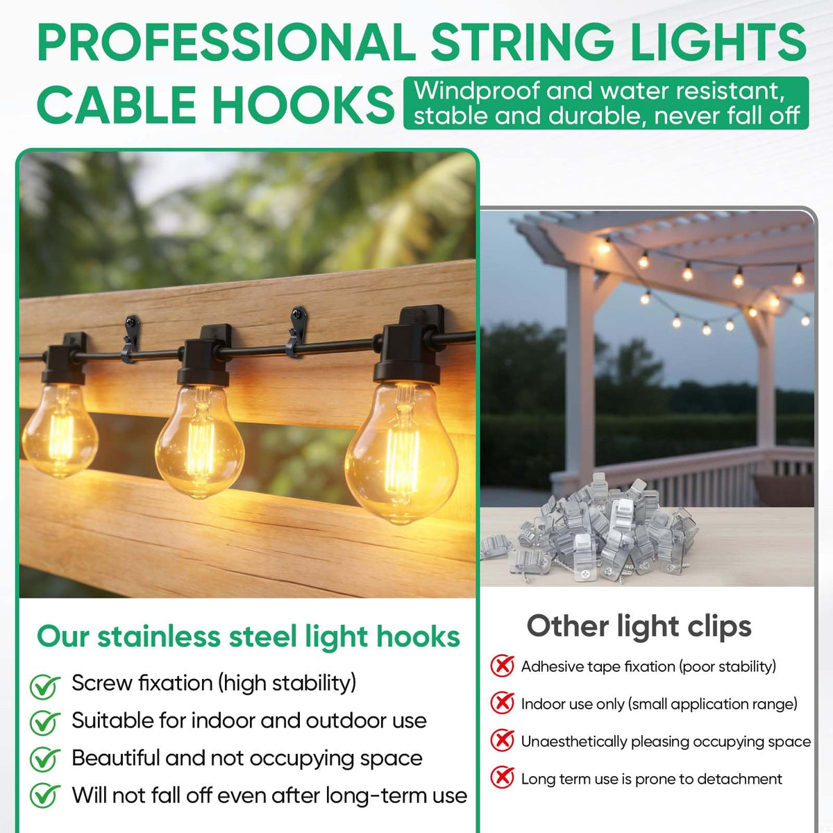HiGift 40 Pack String Light Hanger Hooks, Stainless Steel Light Clips Black, Outdoor Screw Hooks Rope Light Clips for Hanging Christmas Light, Plants, Party Light Wire and Led Fairy Led Light Clips