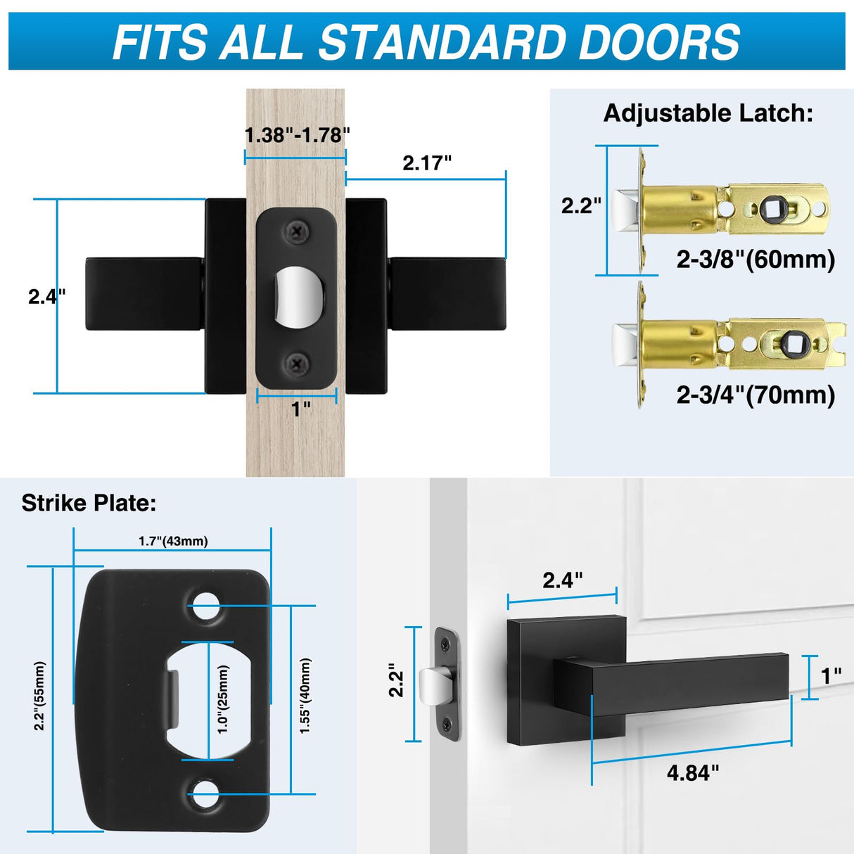 Plustool 4 Pack Black Door Handles Interior, Passage Door Levers for Hallway&Closet, Interior Closet Door Knobs Heavy Duty Square Non-Locking Handlesets(2.0lb), Reversible for Left&Right Sided Doors