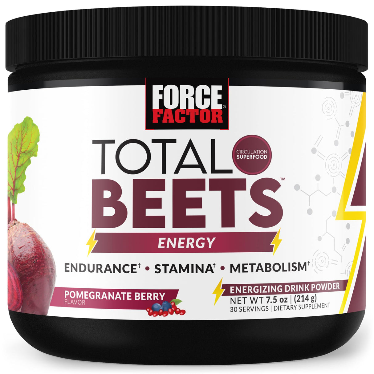 Force Factor Total Beets Energy Drink Mix, Superfood Beet Root Powder with Nitrates to Boost Energy and Support Circulation, Blood Flow, Nitric Oxide and Stamina, Heart Health Supplement, 30 Servings