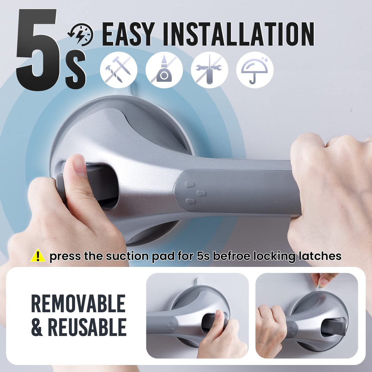 TAILI Shower Grab Bar 2 Pack 16 Inch Suction Grab Bars for Bathtubs & Showers, Heavy Duty Shower Handle Removable Shower Handrails for Elderly and Seniors, No Drilling Waterproof, Silver