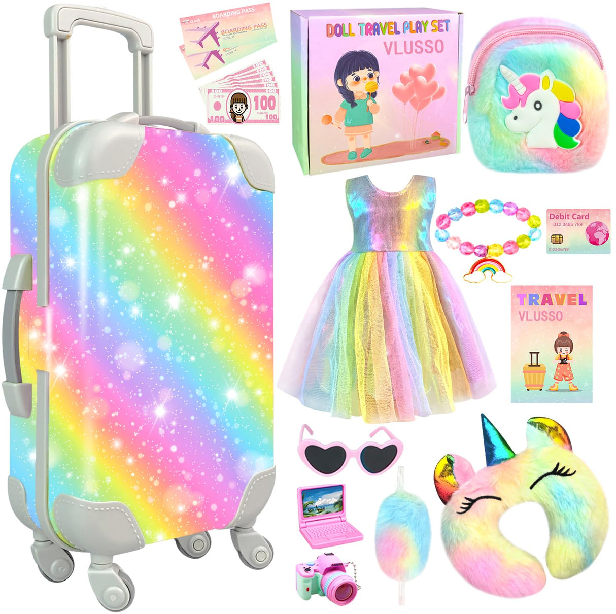 19Pcs 18 inch Girl Doll Accessories Case Luggage Travel Play Set with Clothes Camera Travel Pillow Bag Dress Glasses Stuff Fit 18 inch Doll Christmas Birthday Gift