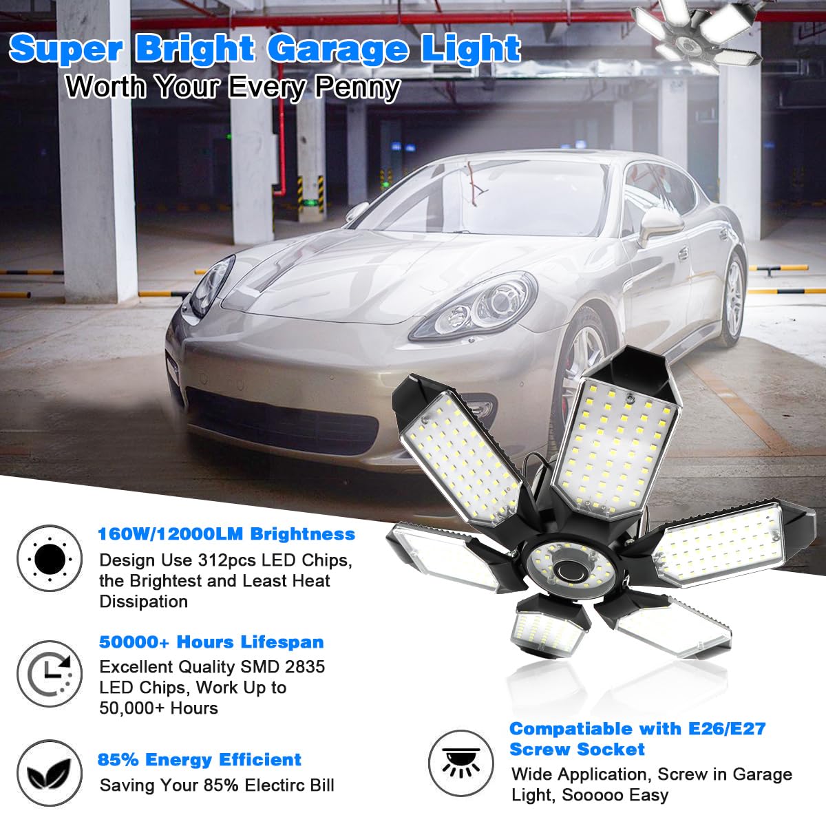POLARPRA LED Garage Light - 160W LED Garage Ceiling Lights 16000LM Super Bright Garage Lighting with 6 Deformable Panels E26/E27 Screw in Led Shop Lights for Basement Workshop Warehouse Attic