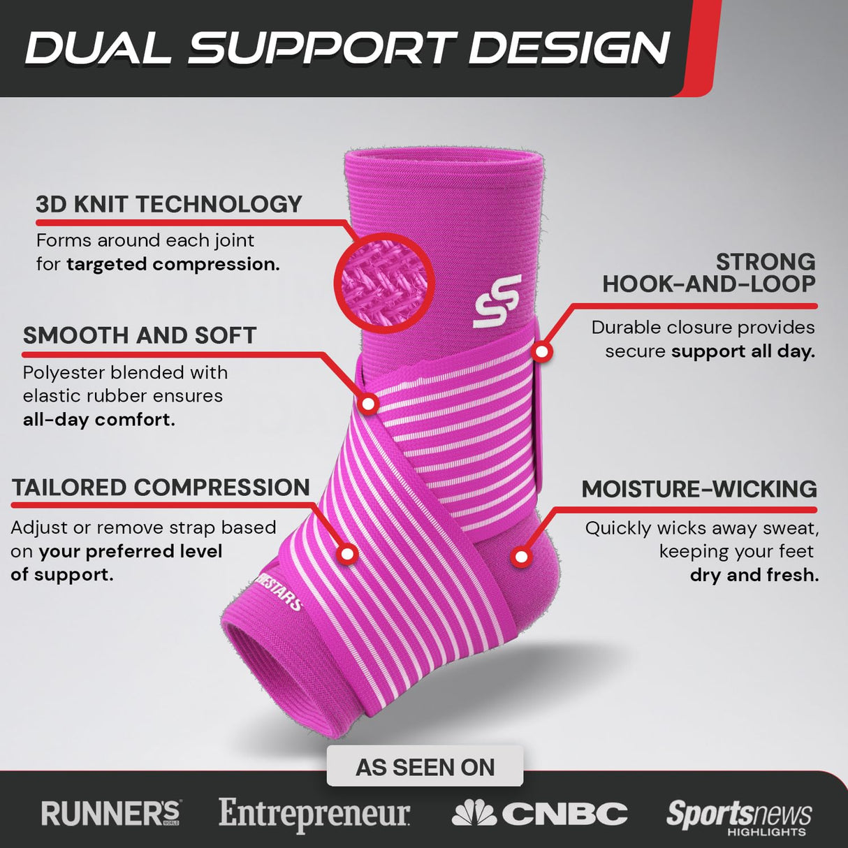 Sleeve Stars Ankle Brace for Women & Men, Ankle Wrap for Sprained Ankle, Compression Sleeve for Plantar Fasciitis Relief, Easy Customizable Support: w/Removable Strap (Single/S:9"-10"/Hot Pink)