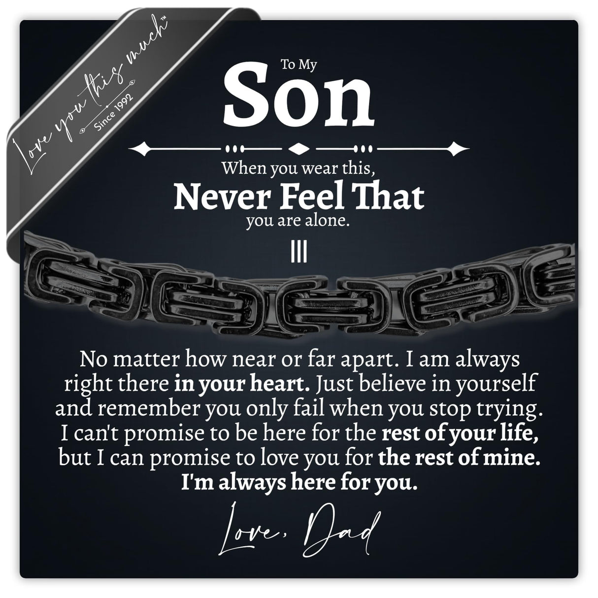 Love You This Much Gift for Son From Dad | Mens 5mm Twist Bracelet | Father Son Presents | 8"+1" Extender | Luxury Gift Box & Card (Black/Black)