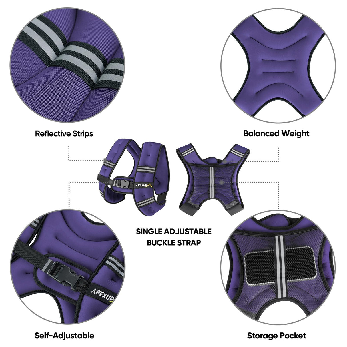 APEXUP Weighted Vest with 5lbs/10lbs/15lbs/20lbs/25lbs/30lbs Weights and Reflective Stripe, Weight Vest Men Women for Workout, Strength Training, Running (Purple, 5lbs)