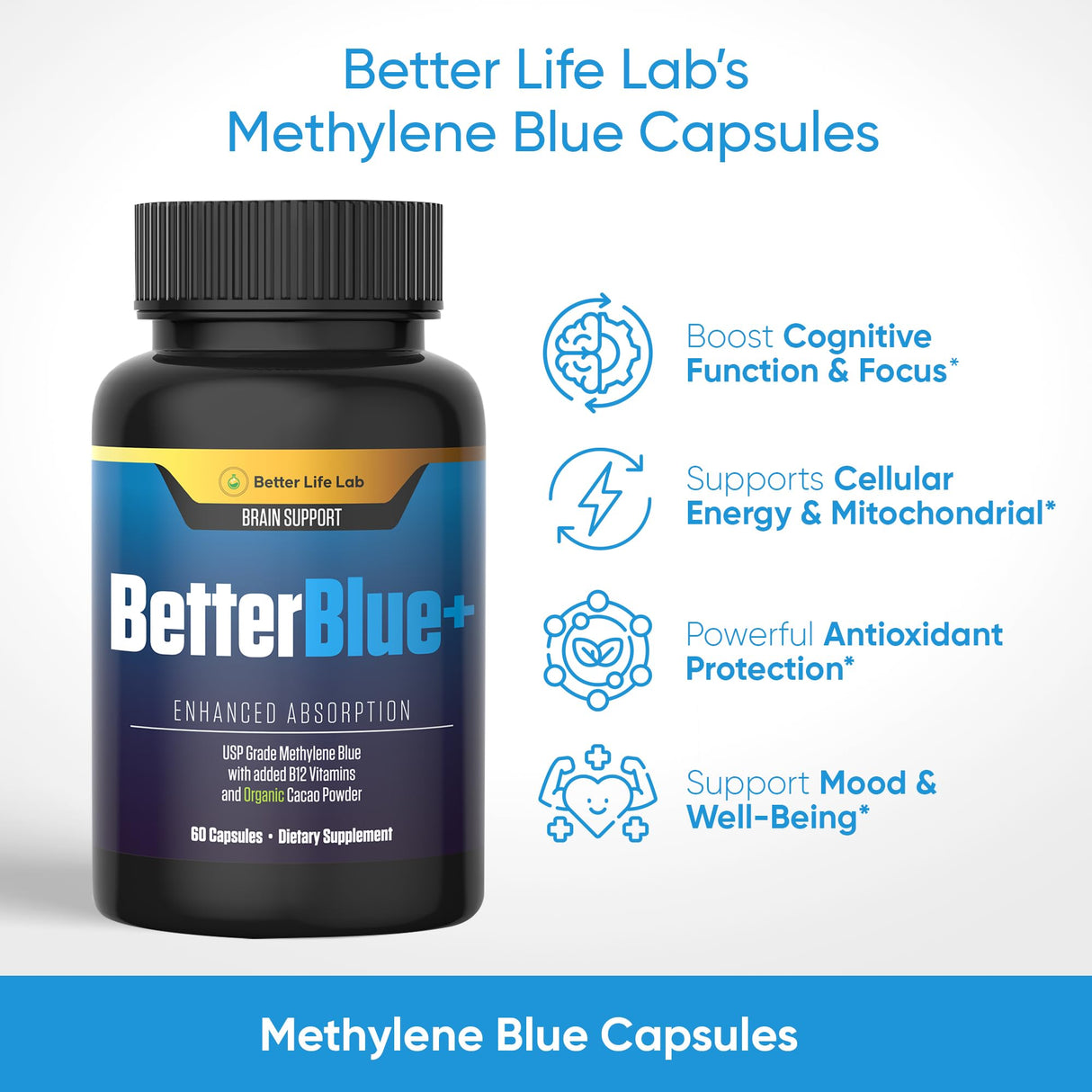 BETTER LIFE LAB Methylene Blue Capsules Pharmaceutical Grade – 60ct – Brain, Energy & Cellular Health Support