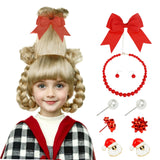 Kids Blonde Braided Wig with Red-bow Earrings, Christmas Cindy Wig with Accessories for Halloween Christmas Costume Party