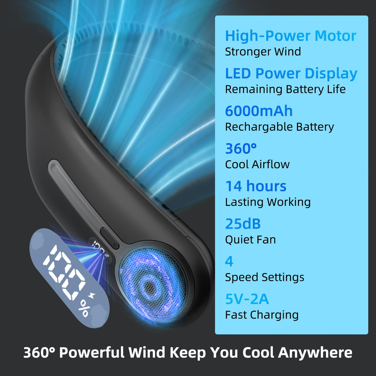 Portable Neck Fan,Hands Free Personal Wearable Bladeless Fan,6000mAh USB Rechargeable,360° Cooling,LED Display,4-Speeds,Birthday Gifts for Men Women Dad Mom,Stocking Stuffers Christmas Gifts (Black)