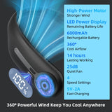 Portable Neck Fan,Hands Free Personal Wearable Bladeless Fan,6000mAh USB Rechargeable,360° Cooling,LED Display,4-Speeds,Birthday Gifts for Men Women Dad Mom,Stocking Stuffers Christmas Gifts (Black)
