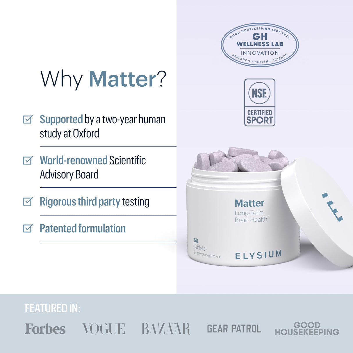 ELYSIUM Matter - 30 Servings - Brain Supplement for Memory and Focus Omega 3 Supplement + DHA - Vitamins to Support Brain Health and Memory