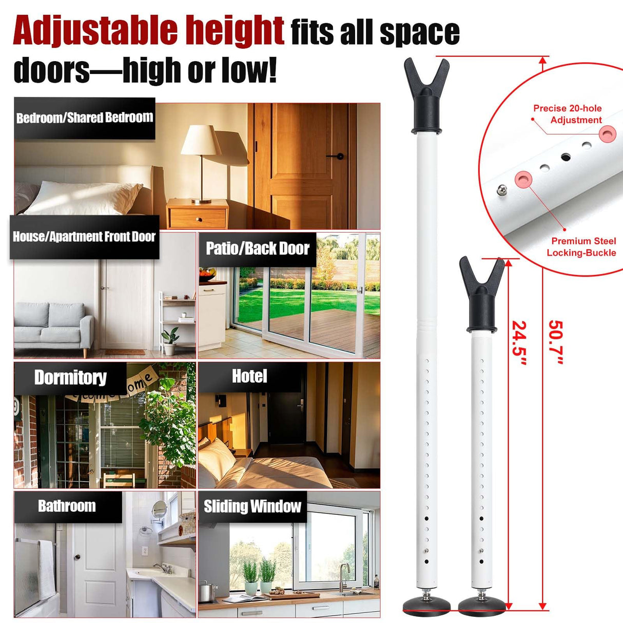 Door Security Bar – 600LB Heavy Duty Anti-Slip Door Stopper Jammer Stick,Adjustable 24.5–50.7'' Lock Blocker for Home,Apartment&Travel,Portable for Hinged Front & Sliding Patio Doors