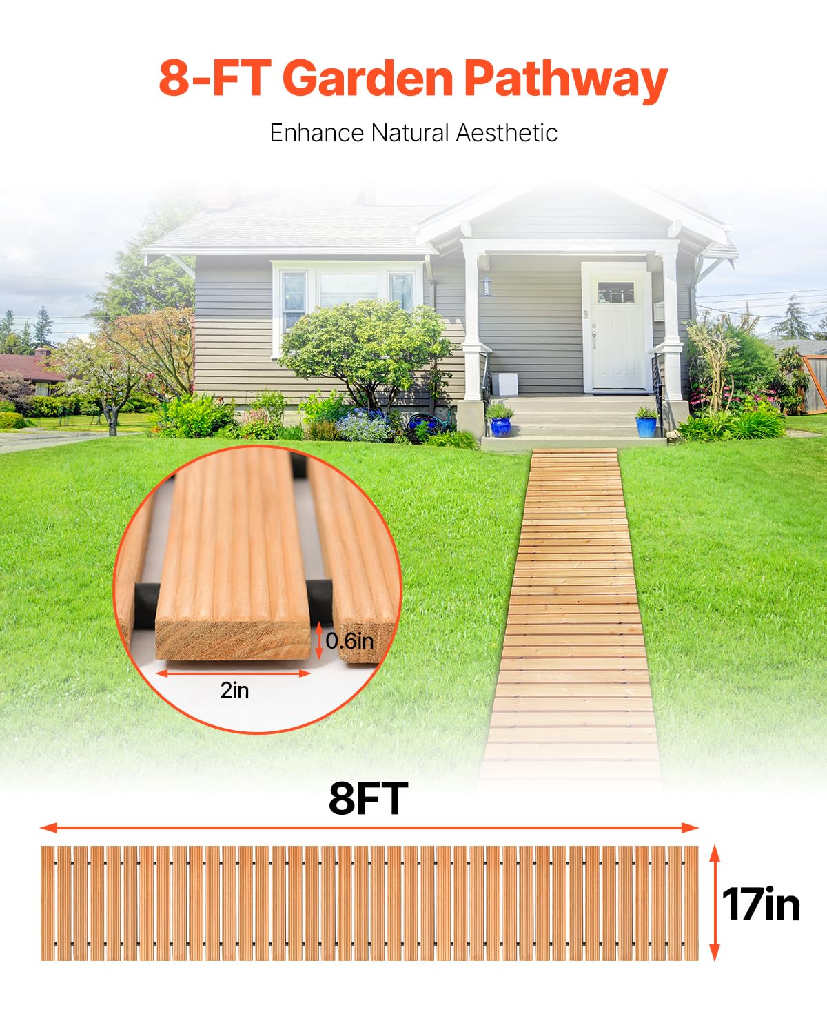 VEVOR Wooden Garden Pathway, 8 ft L x 17 in W, Non-Slip Straight Garden Walkway, Roll Out Cedar Outdoor Walkway Path with Wire Rope Connection, Decorative Garden Paver for Backyard Wedding Party