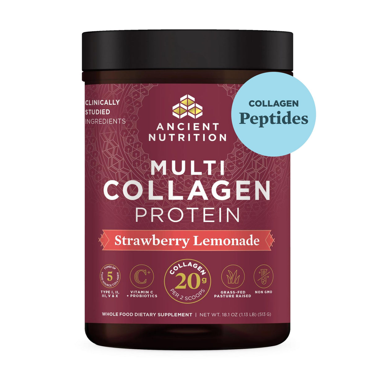 Ancient Nutrition Hydrolyzed Collagen Peptides Powder with Probiotics, Strawberry Lemonade Multi Collagen Protein for Women and Men with Vitamin C, 45 Servings, Supports Skin and Nails, Gut Health, 18