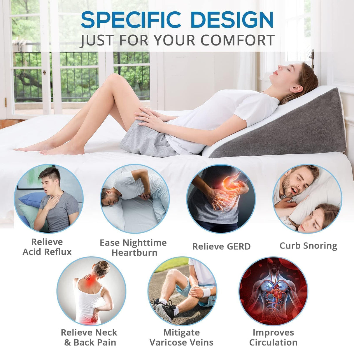 Sasttie Wedge Pillow, 12 Inch Memory Foam Bed Wedge Pillow for Sleeping, Acid Reflux, Back Pain, Post Surgery, and Snoring, Designed with Washable Cover, Cool Gray