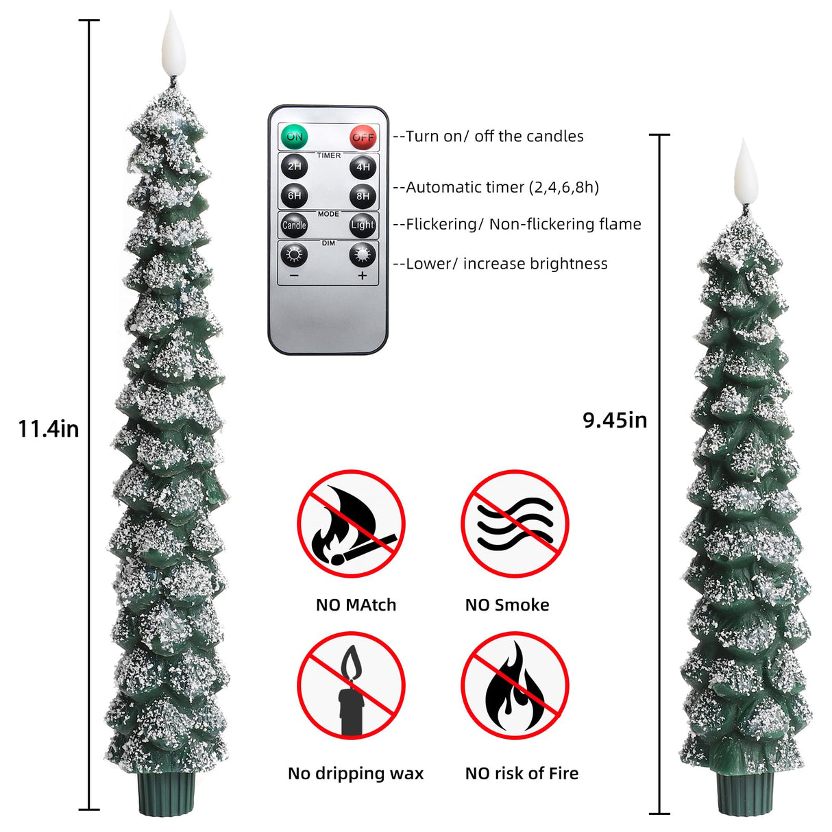 MUMCHASI 4 Pcs Flameless Taper Candles, Christmas Tree Candles with Remote, Battery Operated Candlesticks, Flickering LED Window Candlelights Real Wax Christmas Candlesticks H9.45,11.4”Green