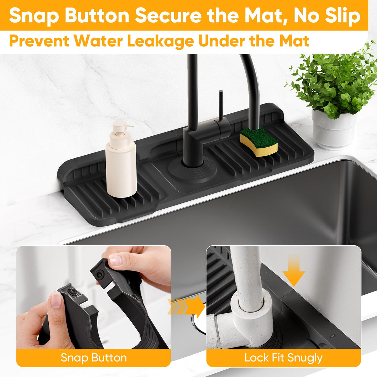 14.6 inch Faucet Mat for Kitchen Sink Splash Guard[7° Slope Fast Self-draining][Snap Lock Fit]Kitchen Sink Faucet Mat Splash Guard Kitchen Sink Area Water Splash Guard Behind Faucet Draining Mat