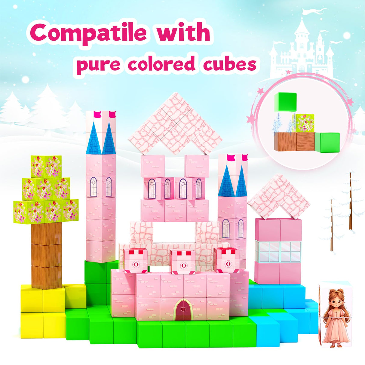 Hiwawind 64 Pcs Magnetic Blocks-Princess Castle Collection World,Magnetic Building Blocks for 3+ Year Old Boys & Girls, Creative STEM Sensory Toys,Christmas Birthday Gifts for Kids Ages 3-8