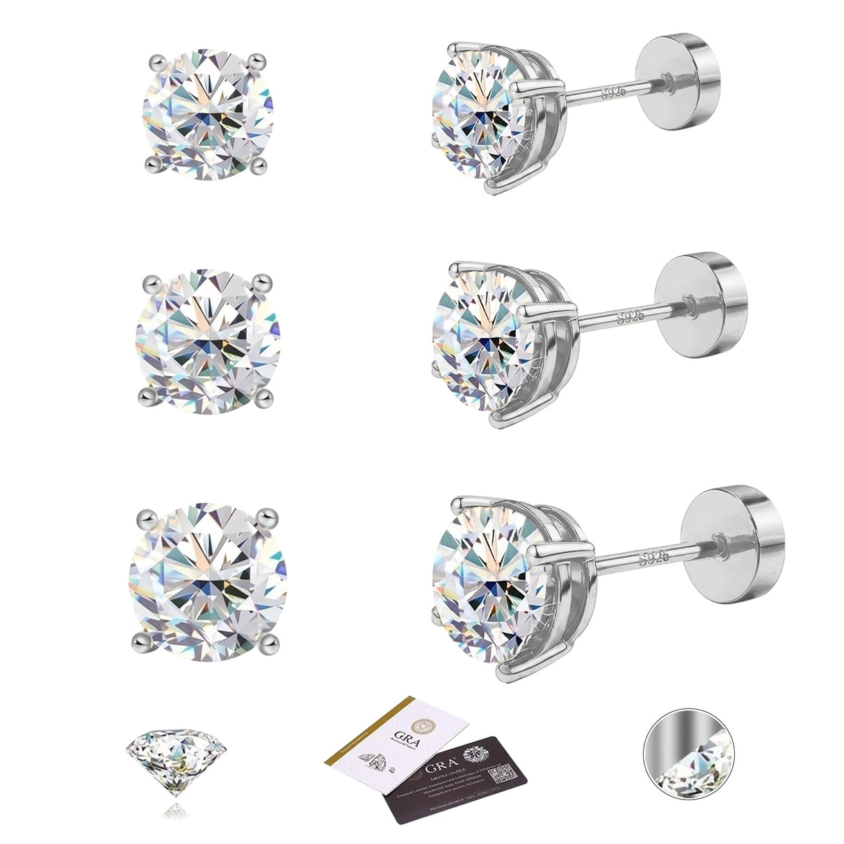 3 Pairs Moissanite Stud Earrings for Women Men S925 Sterling Silver Flat Back Earring D Color VVS1 Moissanite Cartilage Jewelry Set (Silver)