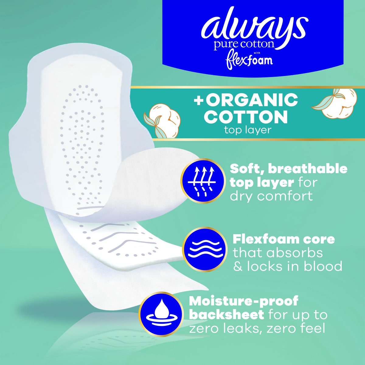 Always Pure Cotton, Organic Cotton top Layer Pads for Women with Wings, Feminine Care, Period, Menstrual, Sanitary, Postpartum, toallas sanitarias para Mujer, Size 2 Heavy Absorbency, Unscented, 72ct