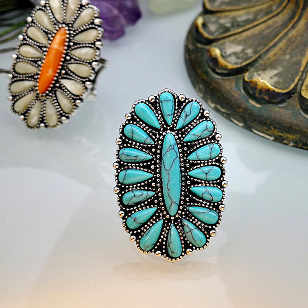 PSAMPMOS Boho Turquoise Rings for Women, Native American Western Large Bohemian Statement Open Adjustable Rings, Sizes 5-10