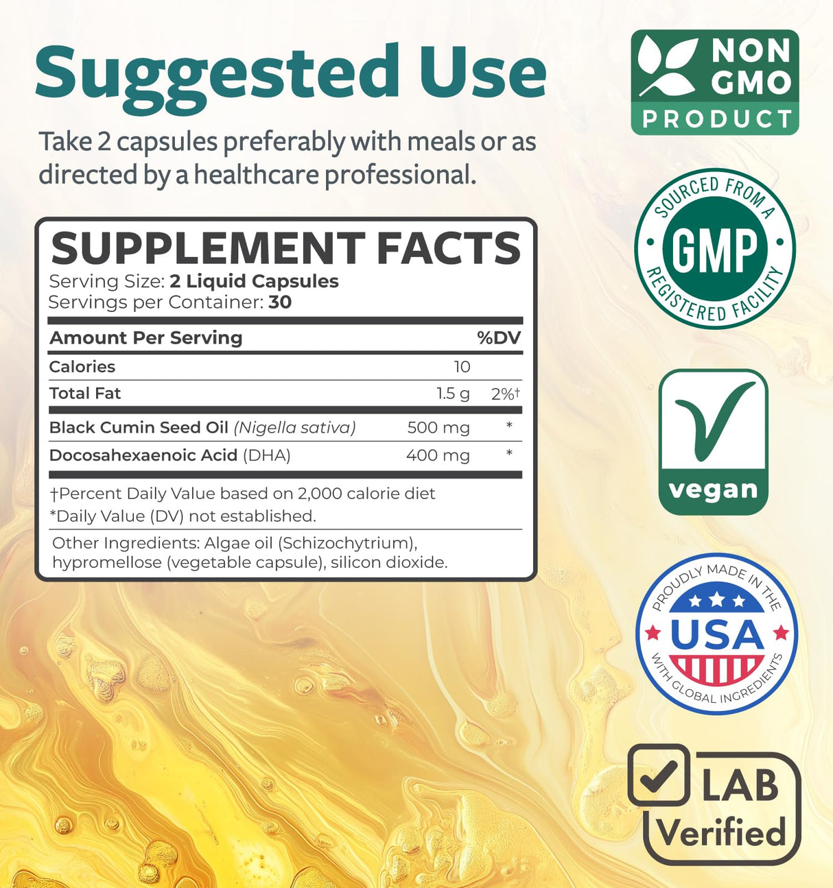 Cold-Pressed Black Seed Oil Capsules - Vegan Non-GMO Nigella Sativa Black Seed Oil Supplement with Omega 3 DHA for Full Body Wellness & Brain Support - Vegan Omega 3 & Thymoquinone-Rich (1 Month)